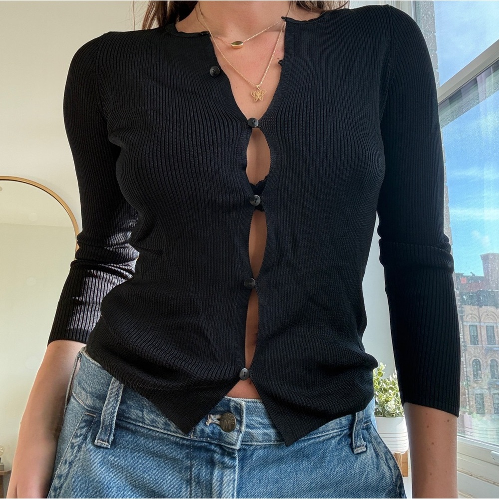 Black Ribbed Button-Up Women's Top - Picture 2 of 5